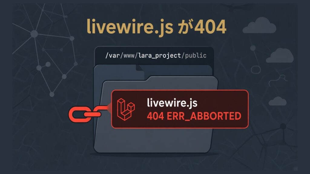 【Laravel8】サブディレクトリに設置したアプリでlivewire.jsがnet::ERR_ABORTED 404 Not Foundのスクリーンショット