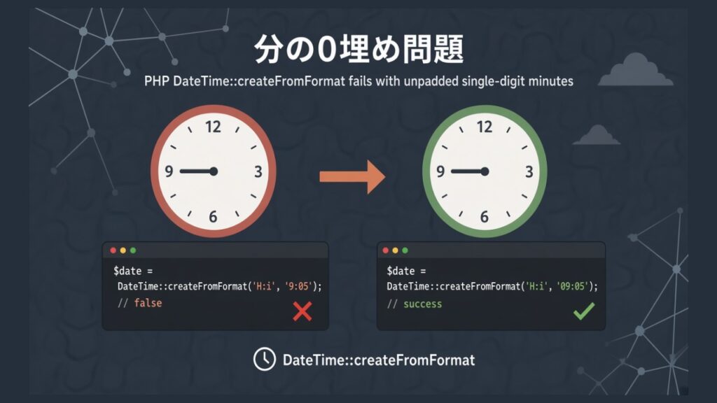 【PHP】０埋めされていない１桁の分をDateTime::createFromFormat()に入れたらfalseを返してきたのスクリーンショット