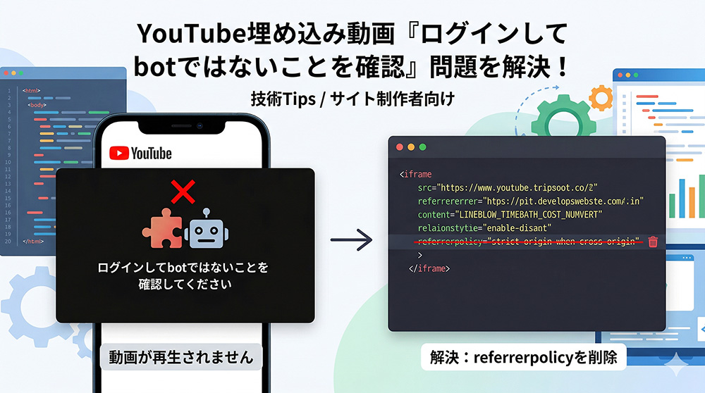 YouTube埋め込み動画で「ログインしてbotではないことを確認してください」と出るのスクリーンショット